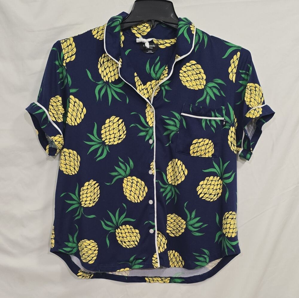 kate spade new york Womens XL Pineapple Pajama Top Navy Button Front Pocket